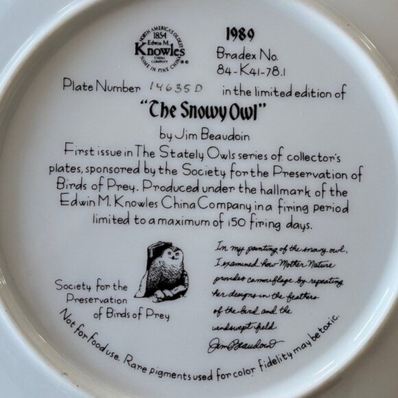 VINTAGE 1989 Knowles Limited Edition Collector Plate Snowy Owl by Jim Beaudoin - Picture 5 of 6